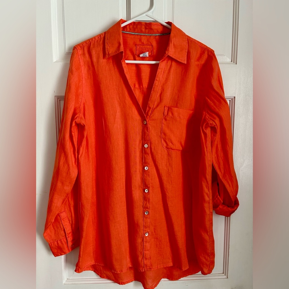 Sigrid Olsen 100% Linen Bold Orange Button Down Shirt
